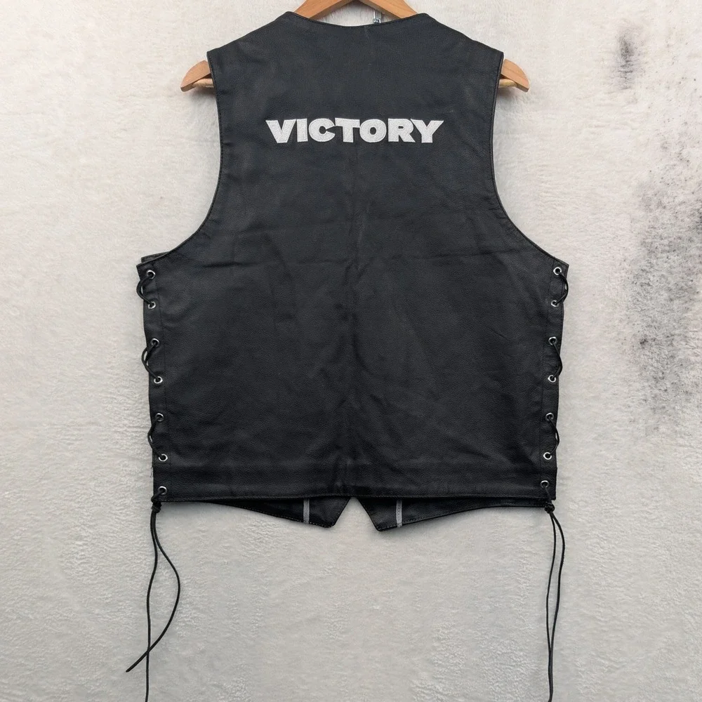 VTG Victory Motorcycle Vest Men's Large Black Leather Biker Side Lace Moto Y2K